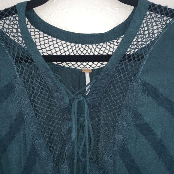free people dark green lace up blouse size large - Picture 2 of 6